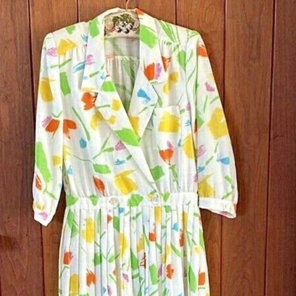 Vtg Floral Dress 14 Pleated 1980s Tulip Cottage